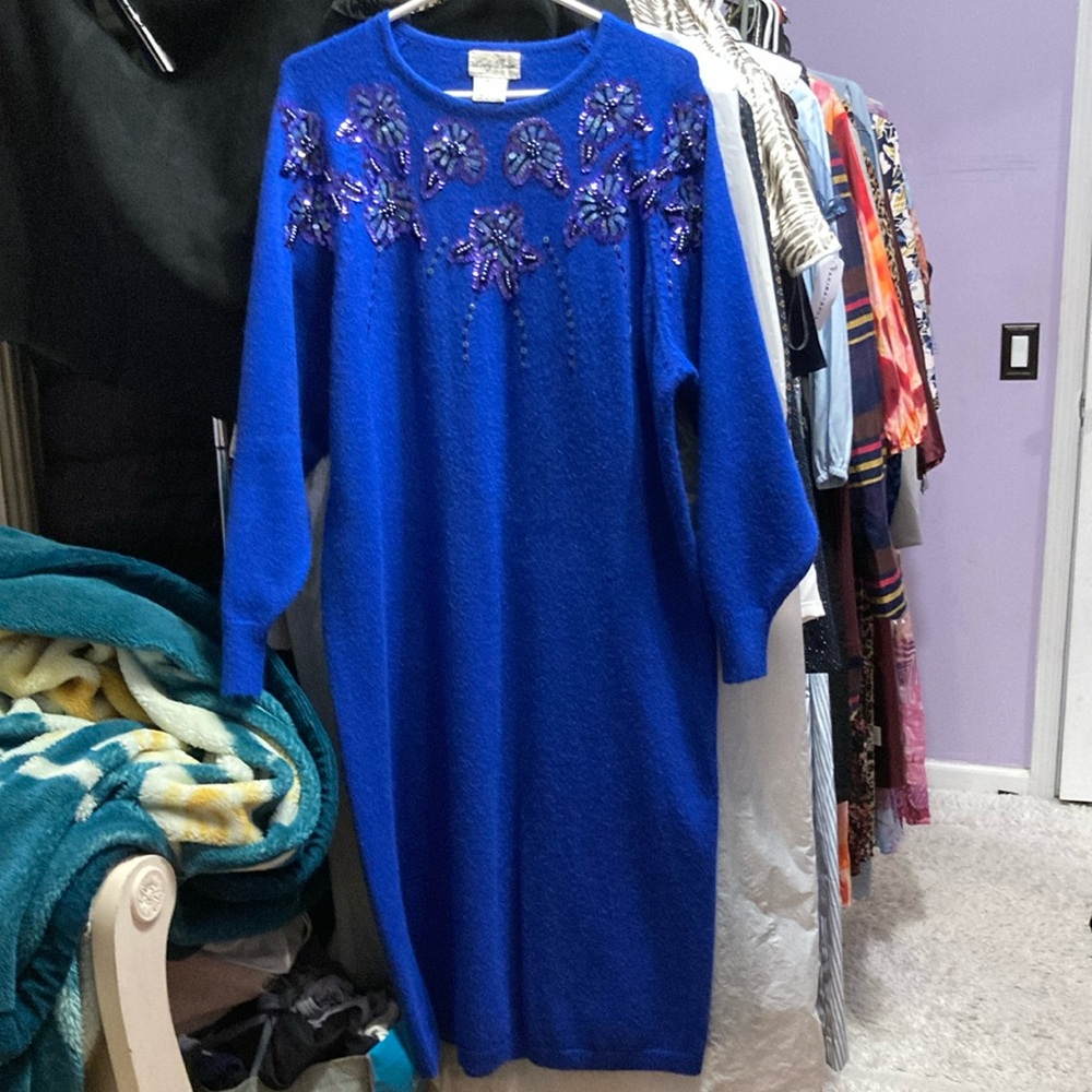Vintage Royal Blue sweater Dress with Embellishments
